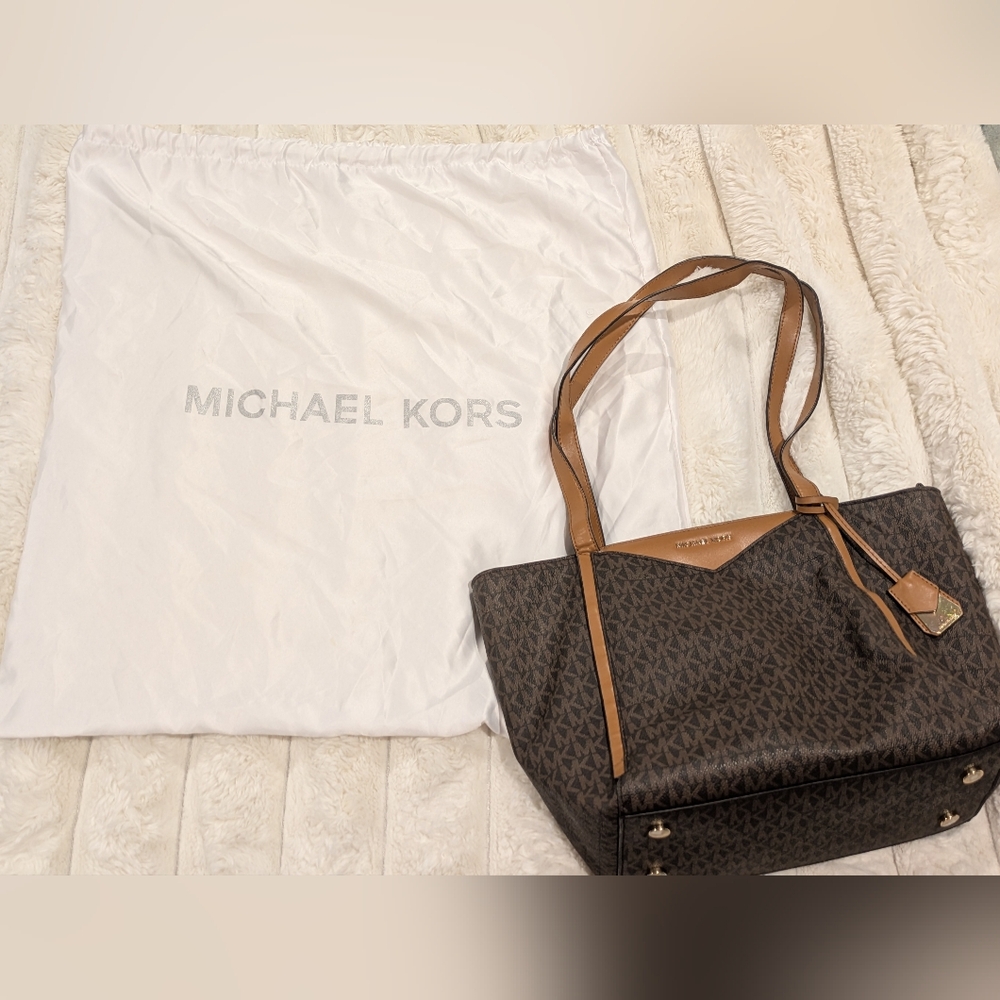 Michael Kors Whitney Travel Tote Top Zip Leather Logo MK Signature Brown Handbag